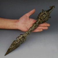 Collectible Tibet Old Bronze Carved Vajra Jiang Mochu Sculpture Antique Vajra Horse Head Sword Statue Home Decor Art Collection