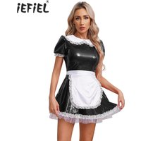 Womens Servants Maid Cosplay Costume Maid Dress with Apron Doll Collar Puff Sleeve Ruffle Lace Patent Leather Club A-Line Dress