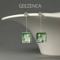 GEEZENCA Natural Pearl 925 Silver Cat Dangle Earrings For Women Green Black Glass Square Chic Unique Earring 2024 New Party Gift