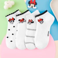 4 Pairs of Disney White Cartoon Minnie Pattern Knitted Ankle Socks for Women Cute Polka dot Striped Cotton Printed Short Socks