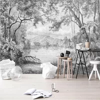 Papel Pintado Photo Black And White Forest Mural European Retro Hand Painted Line Rainforest Jungle Painting Papel De Parede