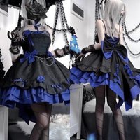 Bow Gothic Dresses Women Y2K Lolita JK Suspender Ruffle Edge Dress Twin Black Red Blue Dark A-line Long Sleeved Suspender Dress
