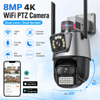 Caméra Wifi extérieure 4K 8MP PTZ à double objectif et double écran, application ICSee, suivi automatique par IA, surveillance vidéo 4MP, alarme lumineuse de police