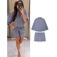 TFMLN Casual Plaid Shirt Shorts Two-Piece Set For Women Loose Button Up Shirts Checkered Mini Shorts With Pocket Fashion Suit
