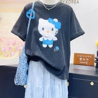 Hello Kitty High-Quality New Short-Sleeved Cotton Retro Age-Reducing Tops Cartoon Loose T-Shirt Street Fashion Hot-Selling Gifts