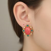 Luxury Red Striped Oval Stone Stud Earrings, Gold Plated with Blue Zircon & Pearls - Trendy Women's Jewelry Birthday Party Gift