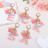 Pink Resin Initial Keychain Alphabet Letter Keyring with Butterfly Tassel Charm for Bag Accessory - Drop Shipping & Bulk Order