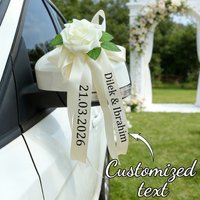 Wedding Car Door Decorations White Rose Bow Ribbon, Custom Names Date Wedding Car Accessories Bridal Vehicle Ornament