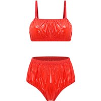 Womens Glossy Swimsuit Bikini Set Waterproof No-pad No-wire Bra Top with Swim Bottom Briefs Beach Bathing Suit Swimwear Clubwear