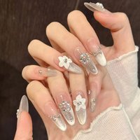 24pcs Cat's Eye French Tips Nails Glitter Diamond Flower Full Cover Acrylic Fake Nail Sets Long False Nail Almond Press on Nails