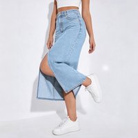 Women High Waist Light Blue Washed Denim Midi Skirt Front Slit Elastic Stretch Long Jean Skirt Casual
