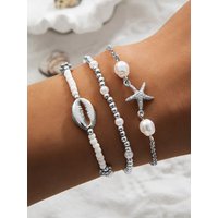 3 Pcs Bohemia Summer Shell Bracelet Set For Women Gold Silver Color Starfish Charm Pearl Chain Bangle Beach Vacation Jewelry