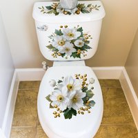 White Flower Gold Berry Toilet Wall Decals Floral Bathroom Stickers Waterproof Removable Self Adhesive for Toilet Lid Tank Home