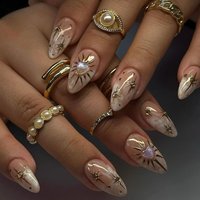 10PCS 3D Sun Star Gold Nail Almond Short Gold Charm Design Reusable Acrylic Fake Nails for Women And Girls As gifts