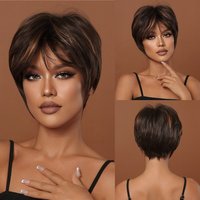 Brown Synthetic Hair Wigs for Black Women Short Pixie Cut Hair Wigs With Bangs Party Daily Use Wig Natural Hair Heat Resistant