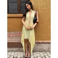 Weird Puss Vacation 2-Piece Set Wome Backless Bandage v-Neck Folds Vest+Irregular Hem Elastic Waist Skirt Summer Party Sreetwear