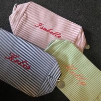 Personalized Seersucker Makeup Bag, Cosmetic Bag, Bridesmaid Gifts, Bridal Party Gifts, Embroidered Name Bridal Gift Travel Bags