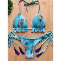 RUOTONGSEPT Sexy Micro Bikinis Set 2024, Neue Badeanzug Frauen Feder Drucken Bandage Bademode Weiblichen Badeanzug Brasilianische Biquinis
