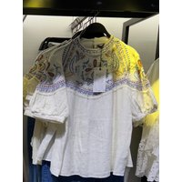 ZARluvip Women's Short Sleeve Embroidered Shirt Spring Summer New Style Country Style round Neck Top Breathable Skin-friendly