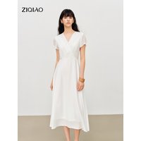 ZIQIAO Lace Trim Waist-cinching Acetate Dress for Women 2026 Summer New Elegant Style Commuter V-neck CITYWALK Daily White Ins