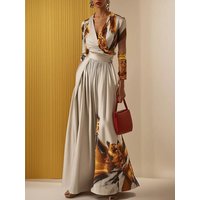 Women's Printed Slim Fit Jumpsuit V-neck Long Sleeves High Waist Wide Leg Coverall Elegant Commuter Outfit for Office Ladies