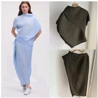 Miyake Pleated Skirt Set Plisse Women 2026 Summer New Asymmetrical Design Irregular Cut Pleats Stacked Collar Top and Long Skirt