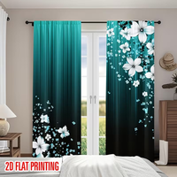 2PC Teal Black Floral Gradient Sheer Curtains - Sleek Modern Floral Print Window Drapes for Bedroom Living Room Decor