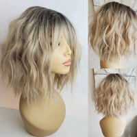 Womenโs Wig Short Bob Light Blonde Synthetic HD Lace Front Wigs With Bangs Highlight Glueless Water Wave Wigs for Daily Party
