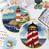 Lighthouse Sea View Pattern Punch Needle Embroidery Kit for Beginners Hoop Embroidery Set Starter Punch Needle Tool for Art Craf