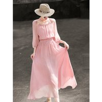 MEXCOCO 2026Summer new elegant socialite dress with three-quarter sleeves, waist-cinching, slimming, and off-shoulder design