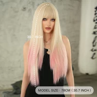 NAMM Long Straight Ombre Blonde Wigs for Women Daily Cosplay Synthetic Gradient Lychee Pink High Density Hair Wigs with Bangs