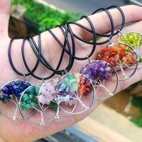 Total10pcs Round natural crushed stone Tree of Life pendant, chakra quartz gemstone Tree of Life pendant necklace, DIY necklace