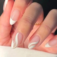 24PCS Almond Medium-Sized Fake Nails White French Tips With A Shiny Vortex Design Fully Covered With Acrylic Nails