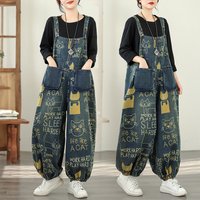 Winter Thiened Fce Casual Harajuku Dad Jeans Women's High Waist Loose Fit Versatile Printed Blue Cotton Polyester Blend