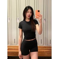 Waist-defining short-sleeved slim-fitting ribbed T-shirt with high waist, short style, quick-dry yoga wear, outdoor