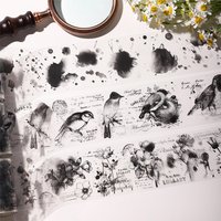 black white Flower Butterfly bird Decorative Adhesive Tape Retro Plant Masking Washi Tape Scrapbooking Stickers Label Stationery