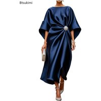 2026 New Women's Fashion Satin O Neck Batwing Sleeve Dresses Rhinestone Waist Decor Ruched Elegant Evening Party Cocktail Dress