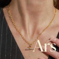 Ars 18k Gold Plated Inlaid Zircon T Bar Pendant Necklace Stainless Steel Paperclip Link Chain Necklaces Women's Choker Necklaces