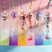 6pcs acrylic gradient transparent bookmark, skull flower pattern, colorful tassel bookmark, cute skull head