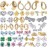 S925 Silver Plate Pave Stud Earrings Ring Sparkling Gem Heart Pink Flower Clover Cherry Bow Bee Twisted Sexy for Women Jewelry