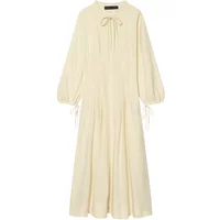 New Women Summer Spring Mediterranean Airy Cream Tie Neck Midi Dress Spring Lantern Sleeve Waist Pleated Loose Maxi Dress