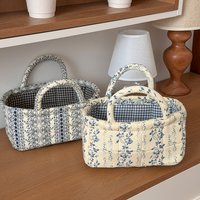 Vintage Large French Country Quilted Storage Basket with Blue & White Floral Vine Print Portable Handheld Organizer Home Room