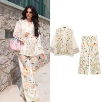 Women's Print Pants Sets 2 Piece Spring Casual Loose Long Sleeve Shirts & Elatic Waist Wide Leg Pants Women Outfit