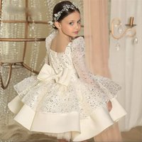 Glitter White Sequined Flower Girl Dresses Long Sleeves Birthday Wedding Guest Robe De Demoiselle Princess Communion