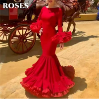 ROSES Vibrantly Red Party Dress Stunning Boat - Neck Mermaid Prom Dresses Dramatically Ruffled - Sleeve Evening Dress Customized