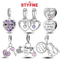 Silver-Plated Purple Heart Bow Dangle Charms Beads Fit Original Bracelet Bag Keychain Charm Beads Pendant Diy Women Jewelry Gift