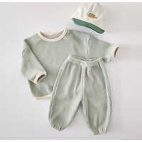 Ensemble de vêtements coréens pour enfants garçons, chemises de marque patchées en coton gaufré, couleur unie, ample, extensible, tenue pour nourrissons garçons, printemps-automne 2023