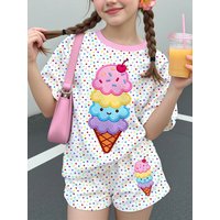 Children's Girl Rainbow Polka Dot Pink Border Cute Smiling Face Ice Cream Embroidered T-shirt with Polka Dot Print Shorts