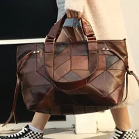 Women Tote Top Layer Cowhide Travel Handbag Genuine Leather Shoulder Crossbody Bag Spliced Contrast Colors Luggage Storage Pack