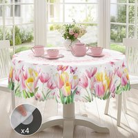 1 Piece of Spring Tulip Round Tablecloth, Available in Various Sizes, Pure White Background with Smudged Pink and Yellow Tulip Clusters, Paired with Pink-Toned Entwined Floral Wreath Embellishments